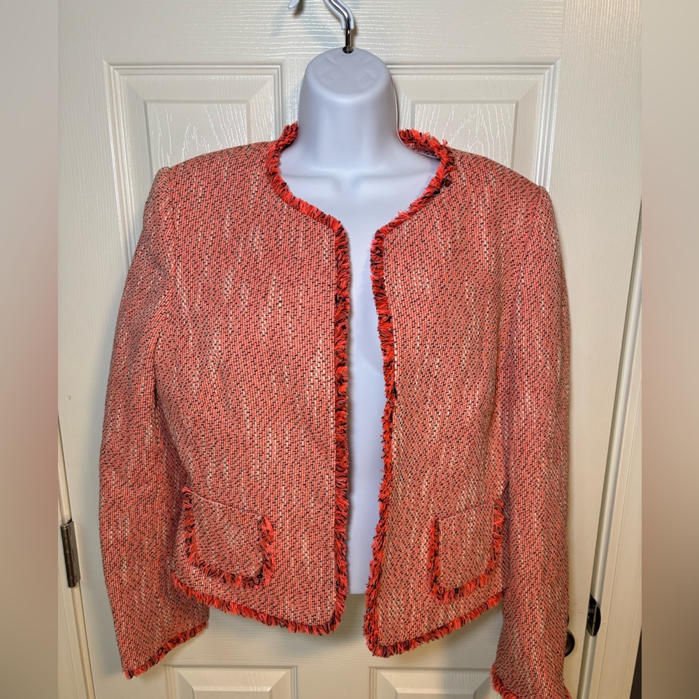 Tahari Arthur S. Levine orange tweed open jacket with fringe trim Size 10